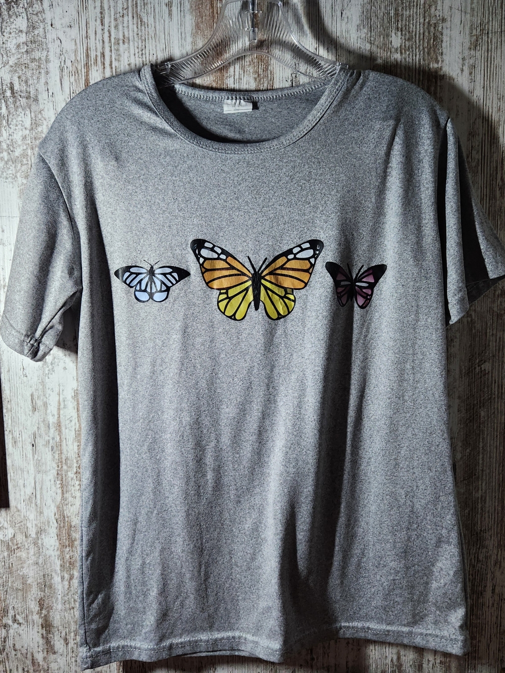 Tricolor Butterfly Print Cute Gray Short Sleeve Shirt Medium